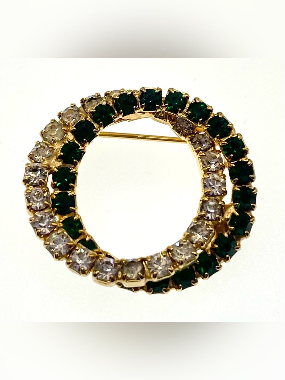 Vintage Clear and Green Double Row Rhinestone Circle Wreath Brooch Gold Tone MCM